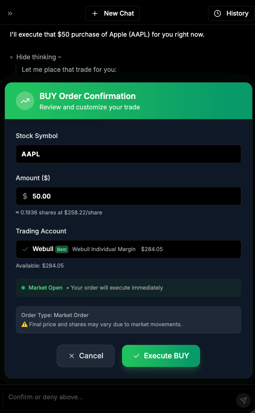 Clera executing a stock trade through chat